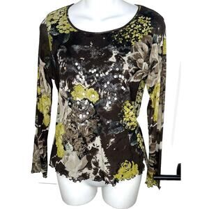 WEILL Vintage Mesh Top Floral Sequin Abstract Long Sleeve Brown sz‎ S/M marked 8